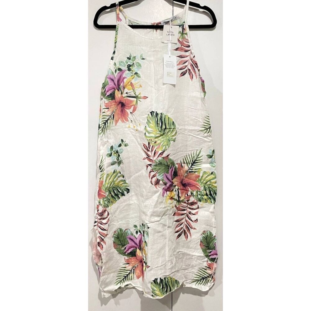 Lungo l'arno womens small shift dress 100% Italian linen white green floral - Picture 5 of 9
